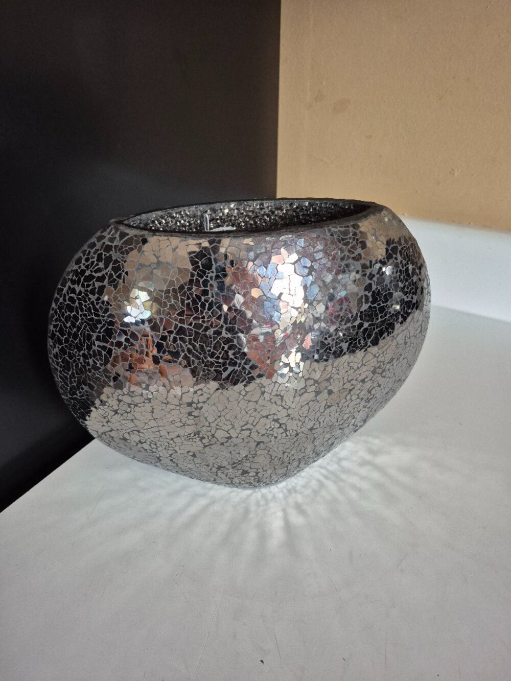 BLACK AND SILVER OVAL MIRROR MOSAIC GLASS VASE